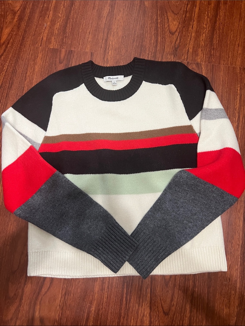Madewell women’s Crewneck Sweater in Cream, Black & Red Stripe